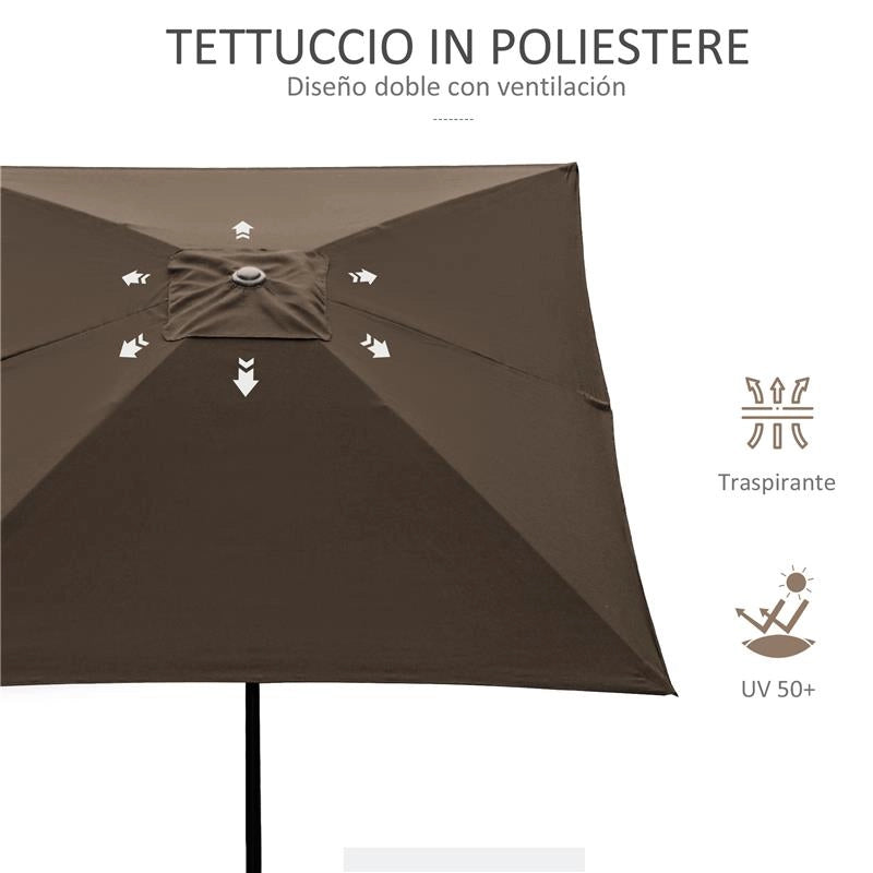 OMBRELLONE DA GIARDINO RETTANGOLARE 3X2 M CON APERTURA A MANOVELLA E INCLINABILE, CAFFÈ