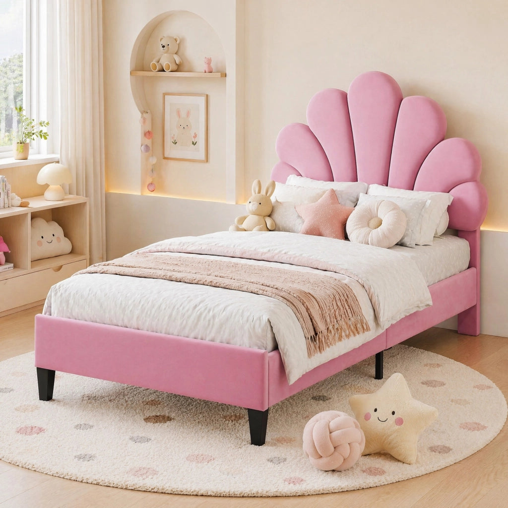 Letto imbottito 90x200 cm con testiera a forma di fiore; velluto rosa e rete a doghe