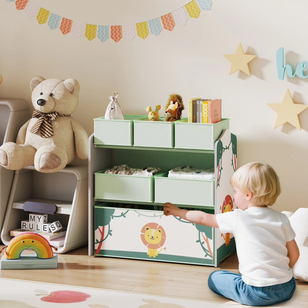 Scaffale per bambini a 3 ripiani con 6 scatole in tessuto ¨C zephmum ¨C verde