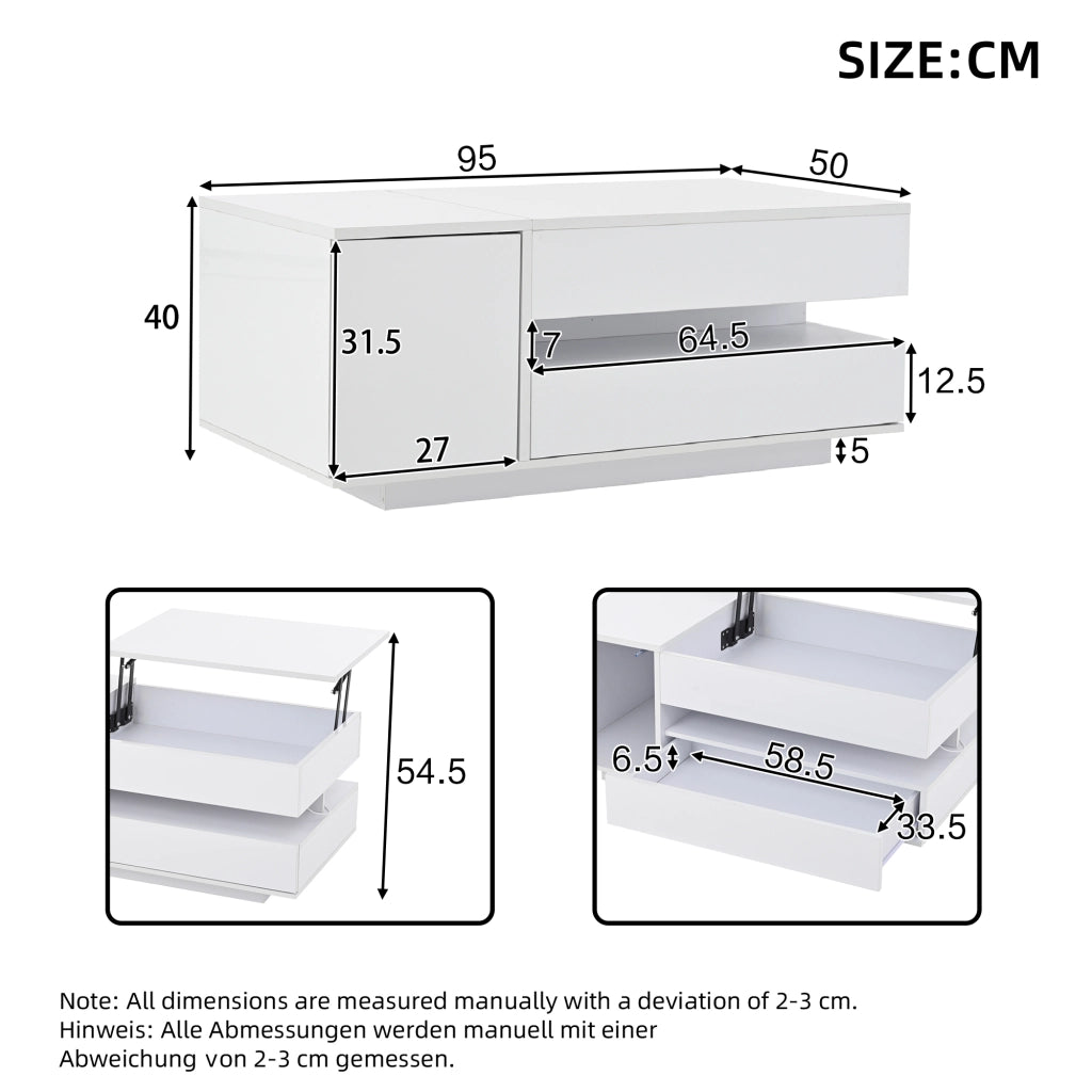 Tavolino da salotto sollevabile 90x50x34,5 cm, bianco lucido, cassetto, armadietto, vani nascosto/semiaperto e LED con app.