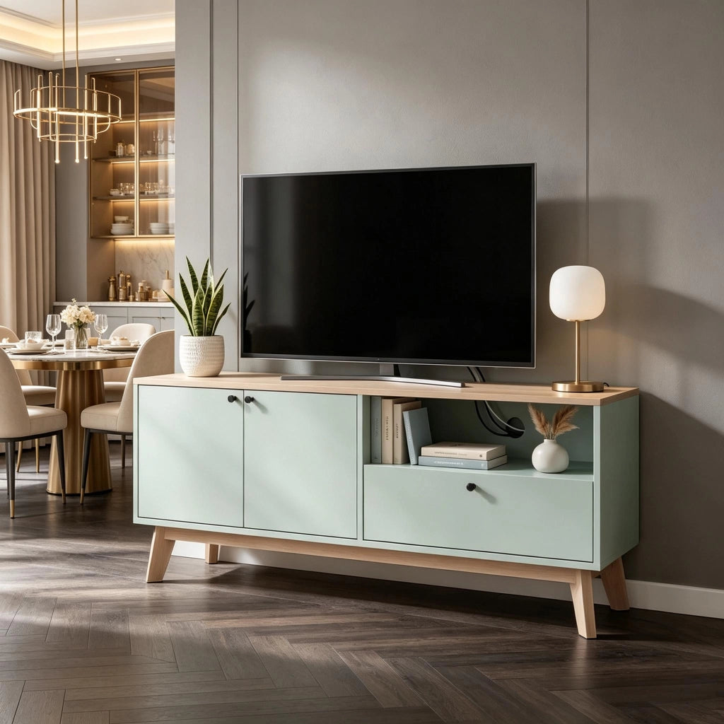 Mobile porta TV da 120 cm, adatto a televisori fino a 36 pollici con 2 ante, cassetto e vano a giorno (solo con 1 mobile porta TV).