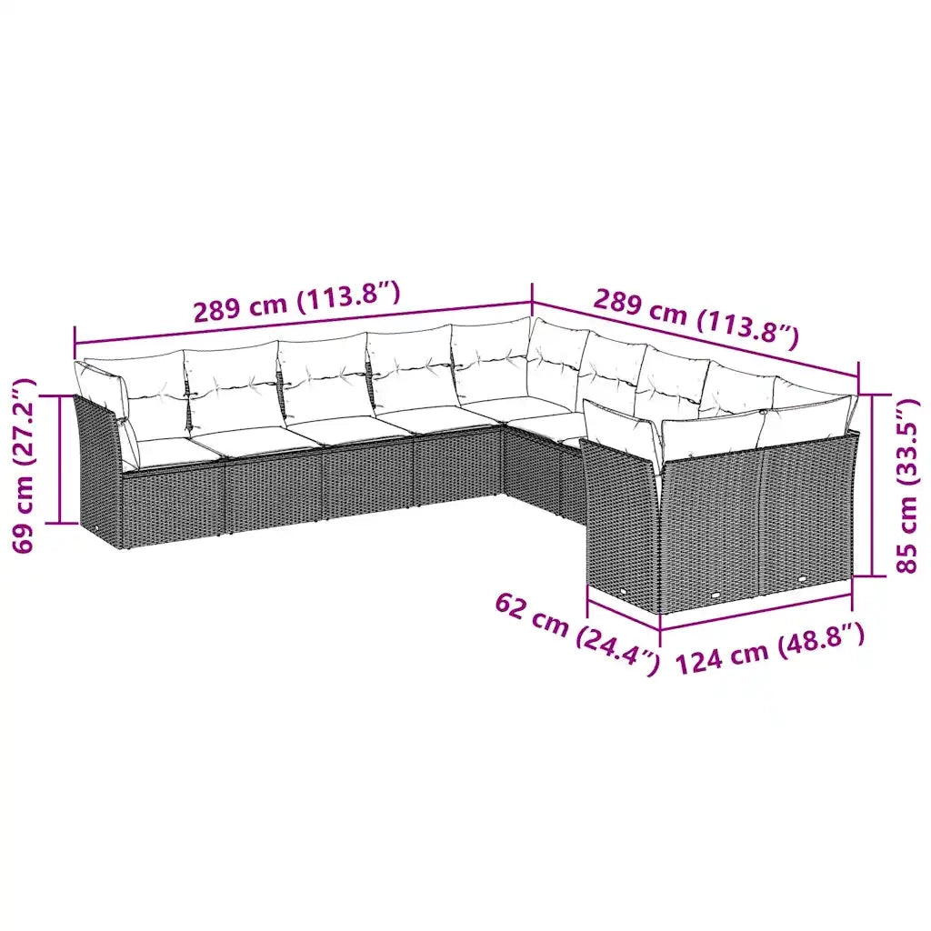 Set Divano Giardino 10 pz con Cuscini Grigio Chiaro Polyrattan