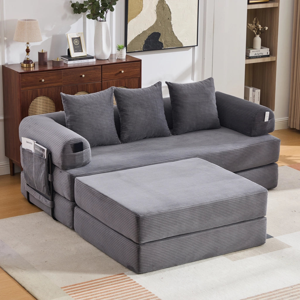 Divano modulare in velluto a coste con pouf, 3 cuscini e tasca laterale, grigio scuro