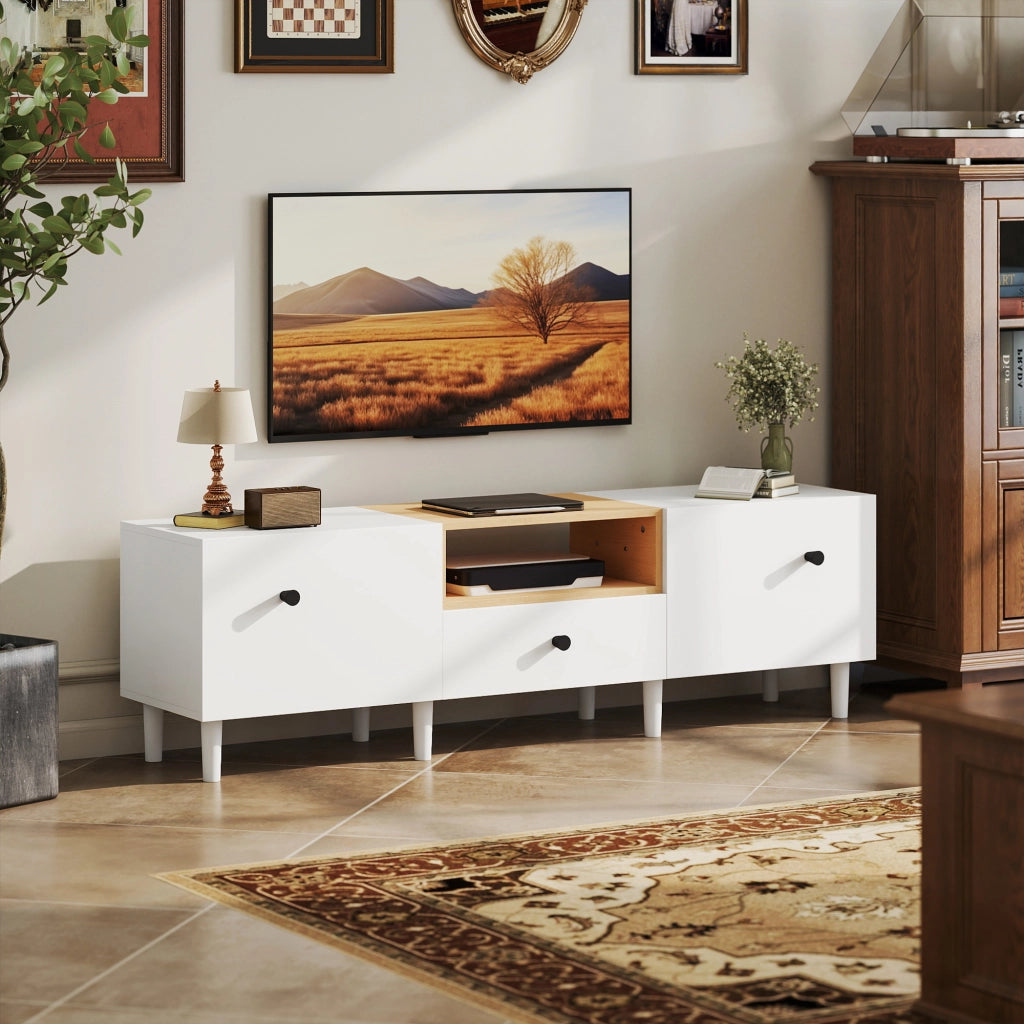 Mobile TV con Ante a Ribalta, Cassetto e Scaffale Aperto ¨C Minimal ¨C Bianco e Legno 150x35x45 cm