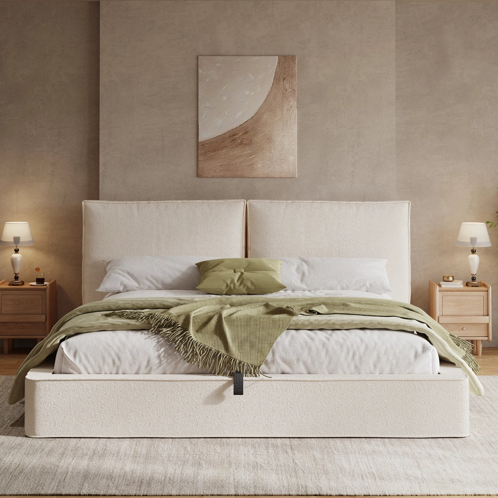 Letto imbottito letto doppio 180 x 200cm letto idraulico funzionale letto con telaio a listelle testiera testiera imbottita beige bouclé