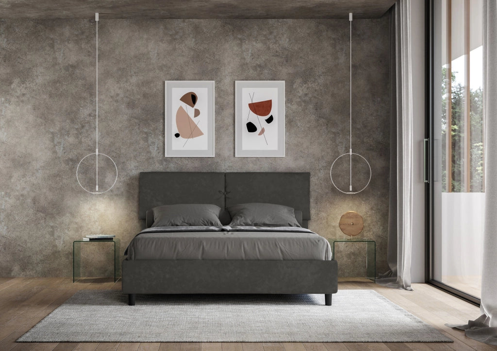 BS COM Letto matrimoniale con rete imbottito 160x210 microfibra grigio