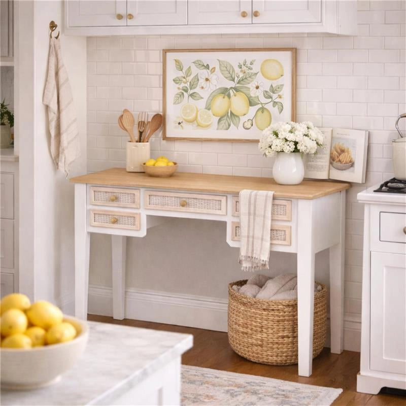 MA MAISON SCRIVANIA BIANCA IN LEGNO 90X40X79 CM CON 5 CASSETTI, SCRITTOIO ELEGANTE STILE SHABBY CHARM PER STUDIO E CAMERA