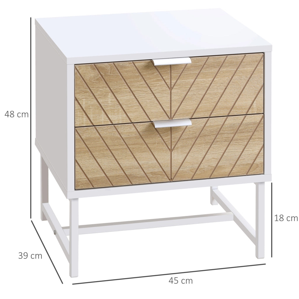 Comodino con 2 cassetti ¨C Xylo ¨C Bianco e rovere, gambe in acciaio, 45x39x48 cm