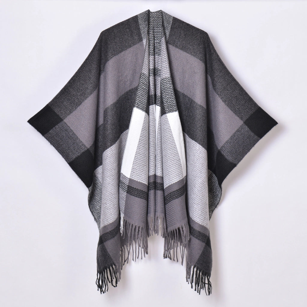 Nuovo scialle a quadri, cardigan/mantella da donna classico in jacquard con spacco e nappine, lavorato a maglia.