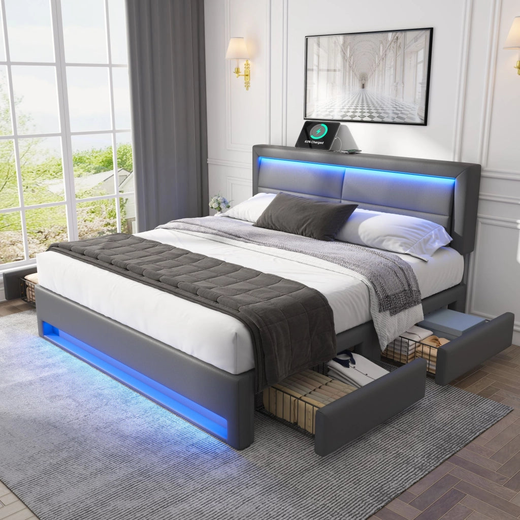 LETTO imbottito 140x190 cm in PU grigio con USB, LED e 4 cassetti