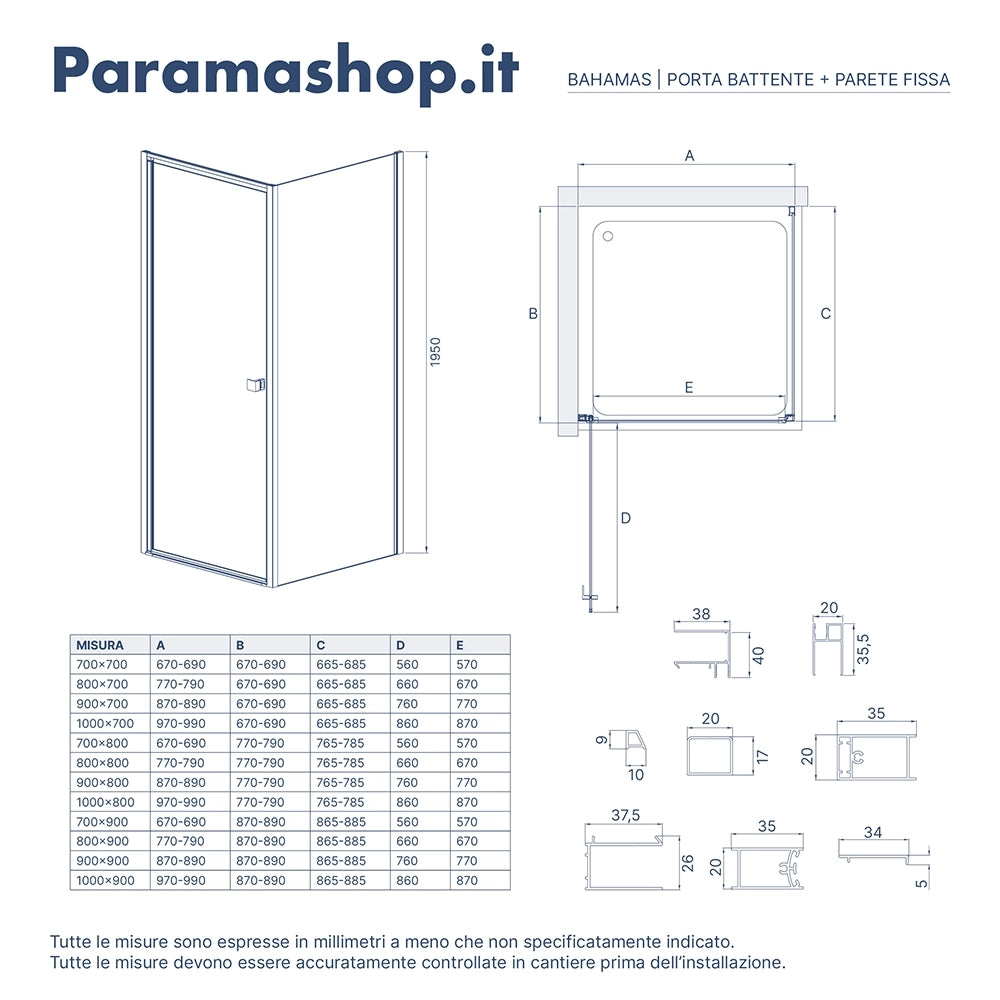 Box doccia 90x70 cm con apertura a battente e parete fissa, profili cromati e vetro da 8mm trasparente h195 | Bahamas