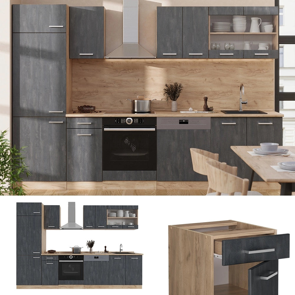 Cucina componibile R-Line Calce nera/Rovere dorato 300 cm PL Marmo Vicco