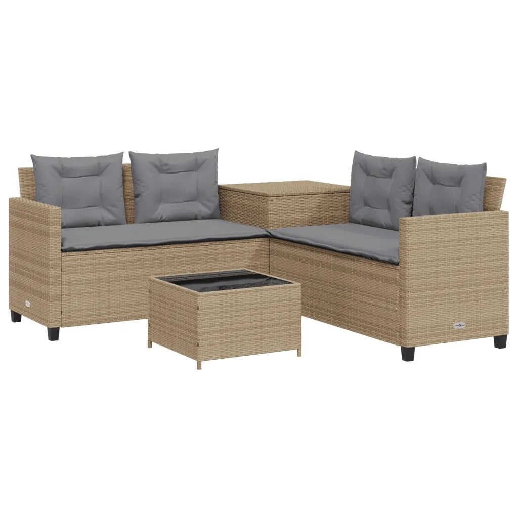 Divano da Giardino con Tavolo e Cuscini a L Beige in Polyrattan 369030