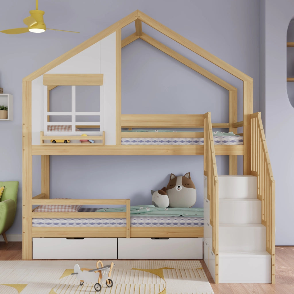 LETTO A CASTELLO 90x200 cm Bianco e Naturale con cassetti e scala di sicurezza