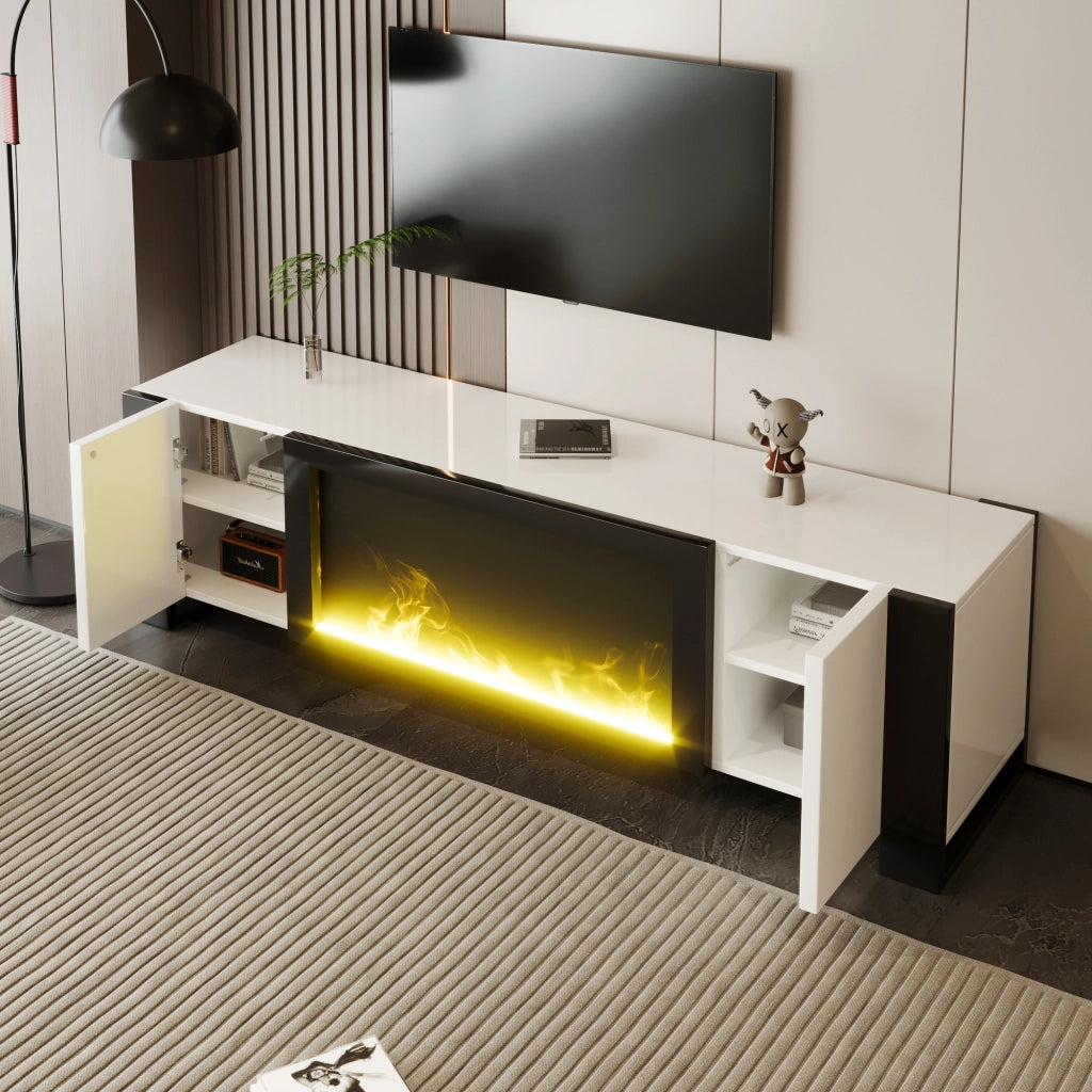 OKWISH Mobile TV con 2 Ante e Ripiani, Camino Elettrico con Effetto Fiamma senza Riscaldamento, per Soggiorno, 165 x 32 x 55 cm