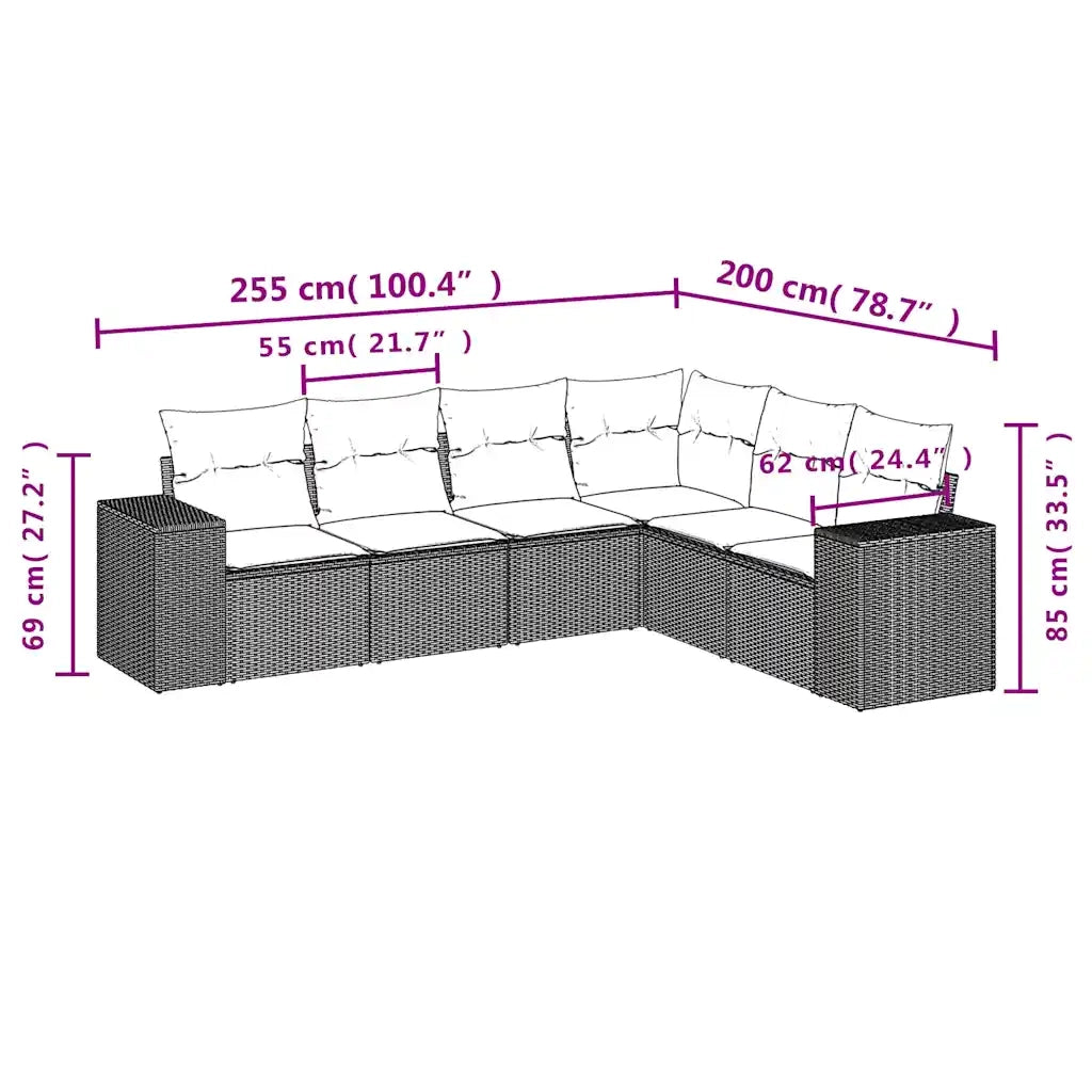 Set Divano da Giardino 6 pz con Cuscini Marrone in Polyrattan