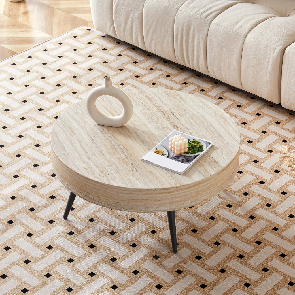 Tavolino rotondo da salotto 70 cm in MDF effetto travertino chiaro con gambe in metallo nere