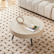 Tavolino rotondo da salotto 70 cm in MDF effetto travertino chiaro con gambe in metallo nere