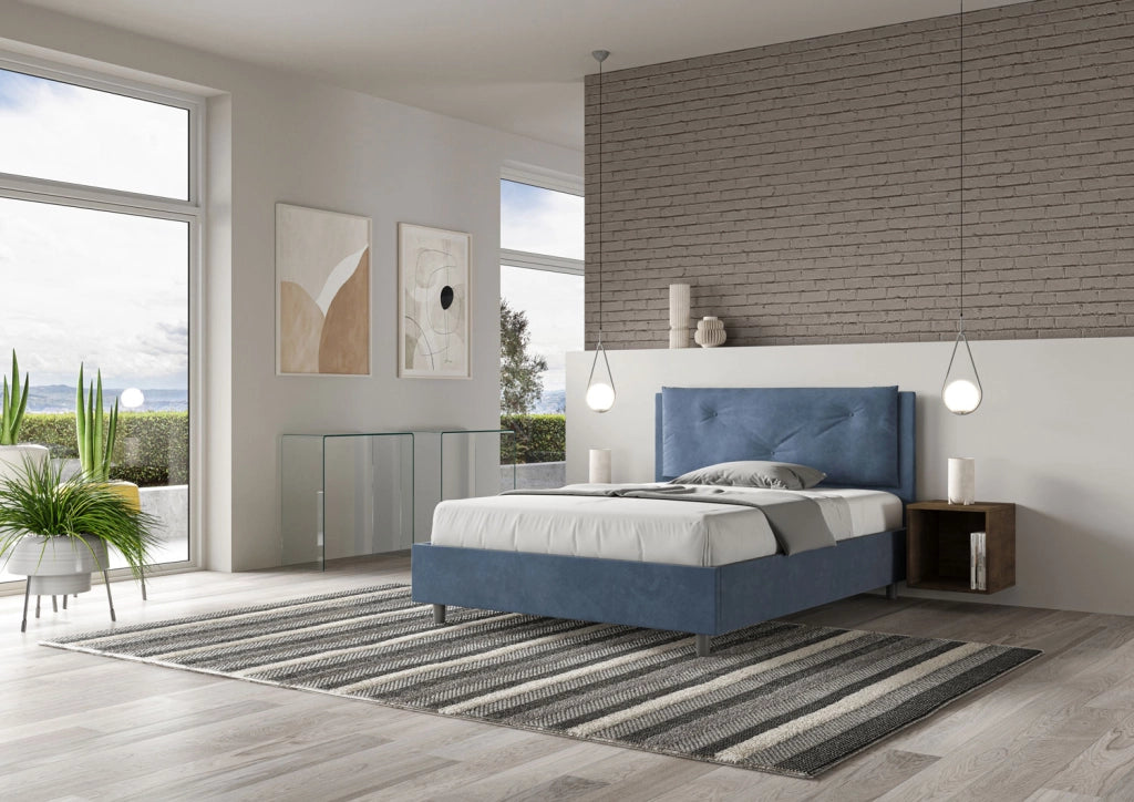 BS COM Letto matrimoniale francese con rete imbottito 140x200 microfibra blu Large