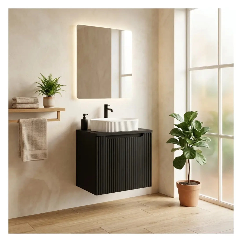 Set bagno sospeso VANO 60cm: mobile sottolavabo con ante a righe verticali + top per lavabo nero opaco