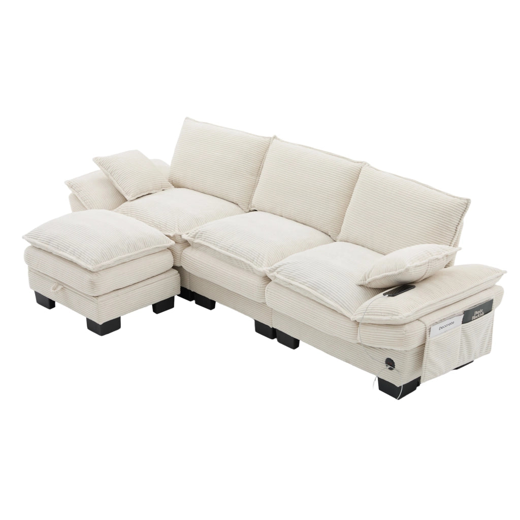 Divano modulare a 3 posti in corduroy con 1 pouf, USB-C, tasche laterali, beige