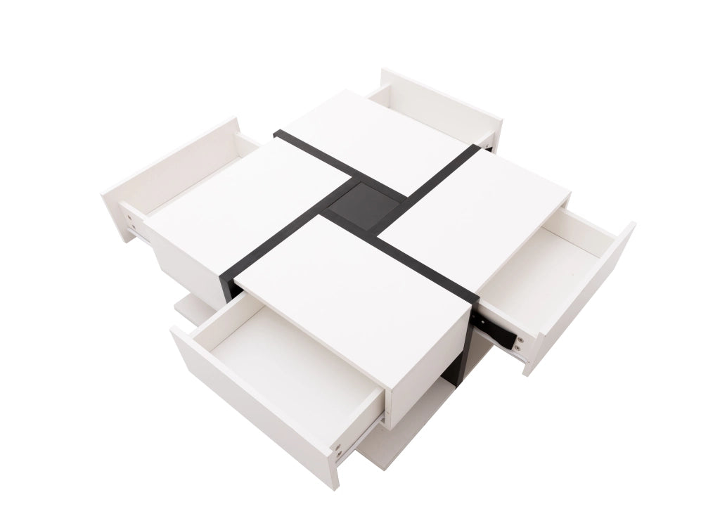 Tavolino da salotto quadrato 4 cassetti con ripiano aperto, finitura lucida, per soggiorno, in truciolare, bianco, 78 × 78 × 36 cm
