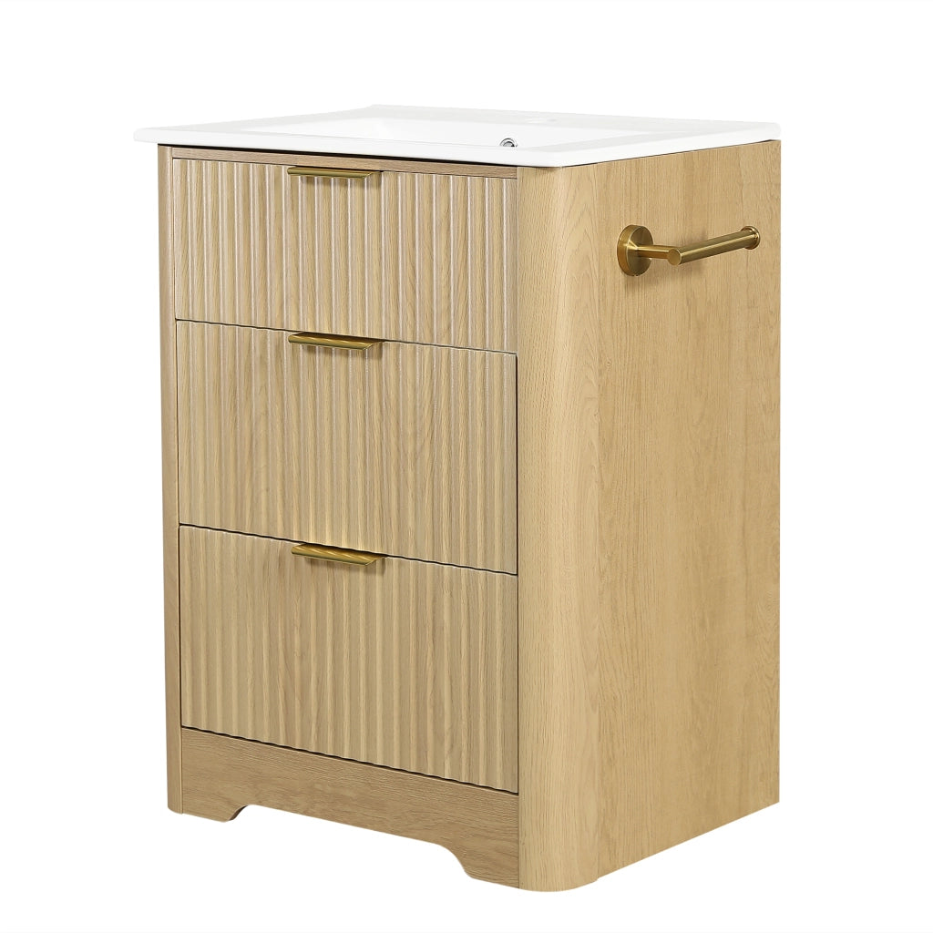 Mobile bagno con 2 cassetti; lavabo in ceramica e portarotolo reversibile per bagno; in MDF; legno naturale; 61×47×82 cm