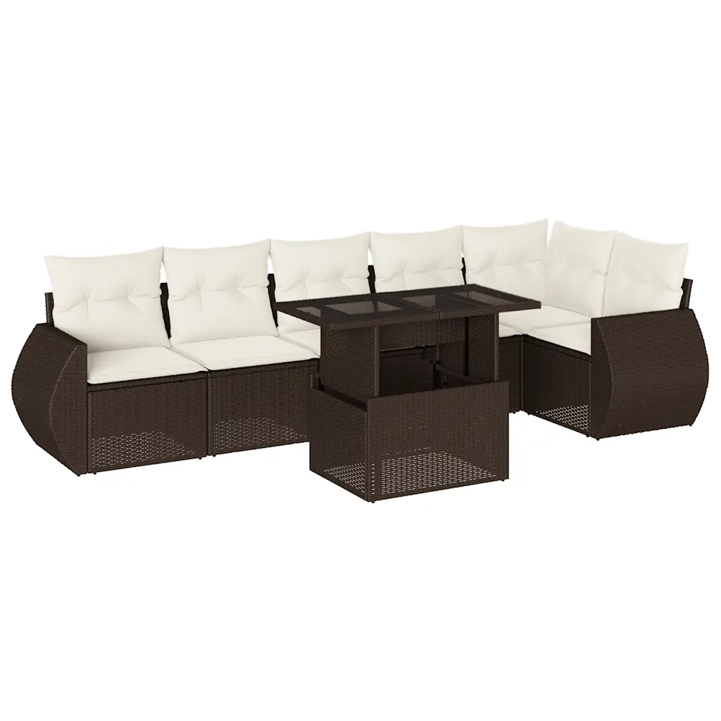 Set Divani da Giardino 7 pz con Cuscini Marrone in Polyrattan