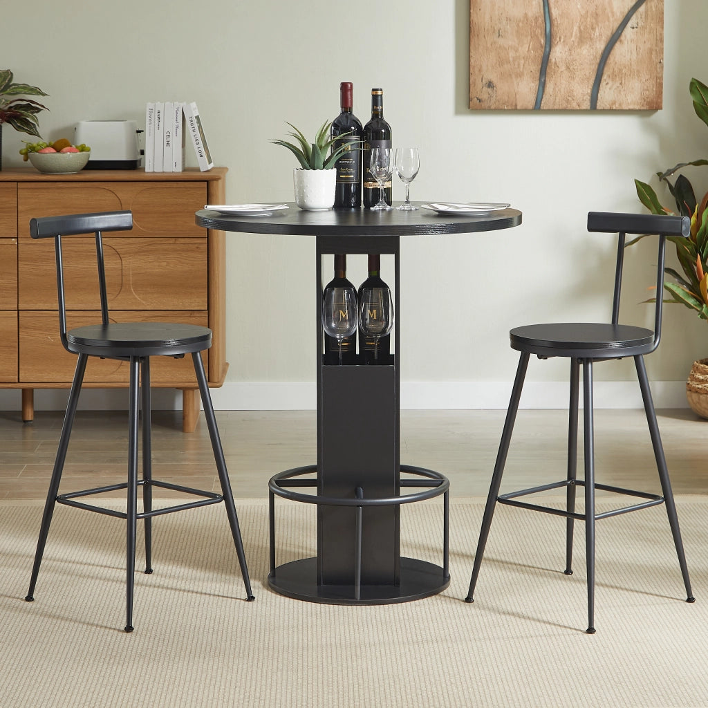 Set Tavolo Alto Rotondo con 2 Sgabelli ¨C MINIMAL ¨C Legno e Metallo Nero, Piano 80cm