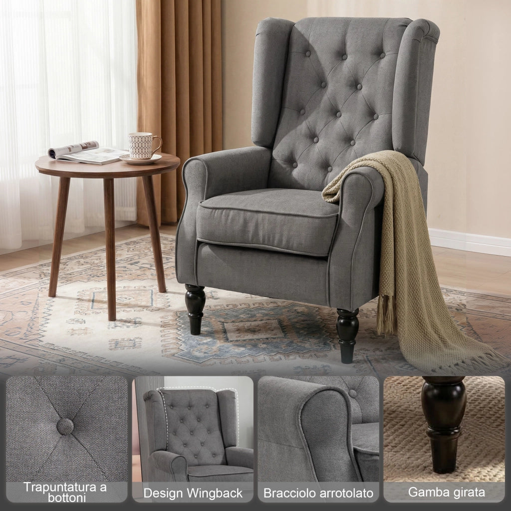 Poltrona Relax Grigio Tessuto con Gambe Legno e Cuscini Sfoderabili ¨C zephmum ¨C 74x86x102 cm