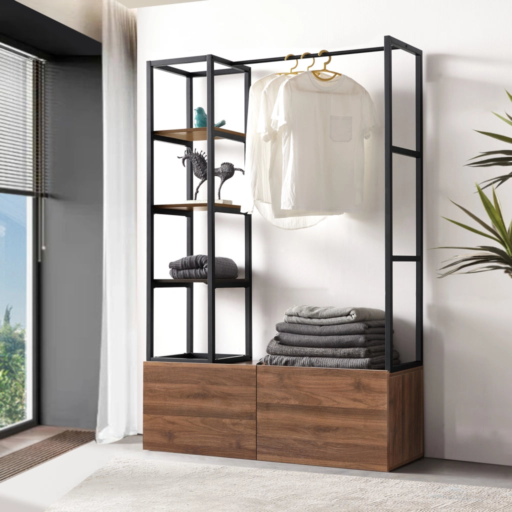 Armadio Aperto Egmating per Guardaroba 180 x 120 x 40 cm  - Color Noce / Nero [en.casa]