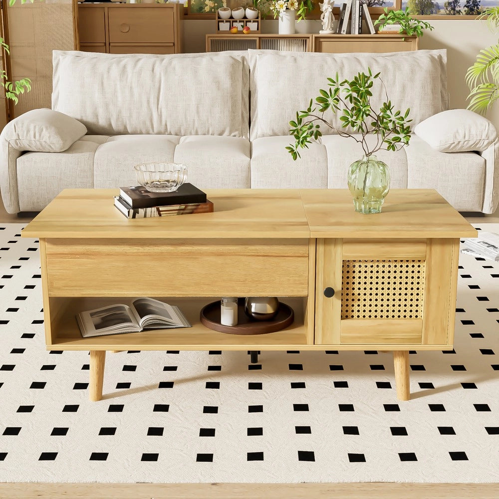 Tavolino da Salotto con Piano Alzabile e Ante in Rattan ¨C MINIMAL ¨C Legno e Nero