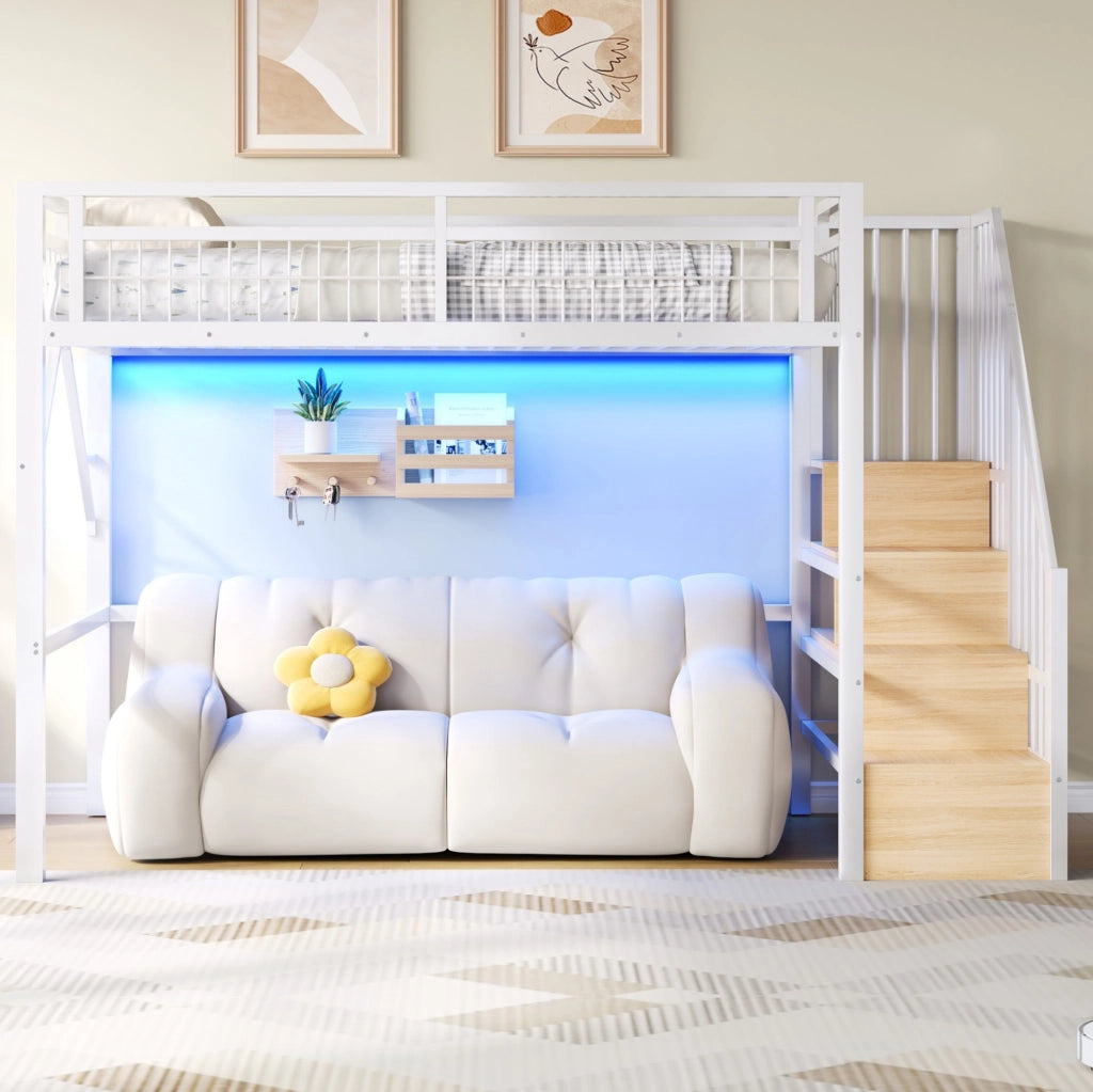 Hochbett 90x200 cm con scala contenitore e luce LED integrata