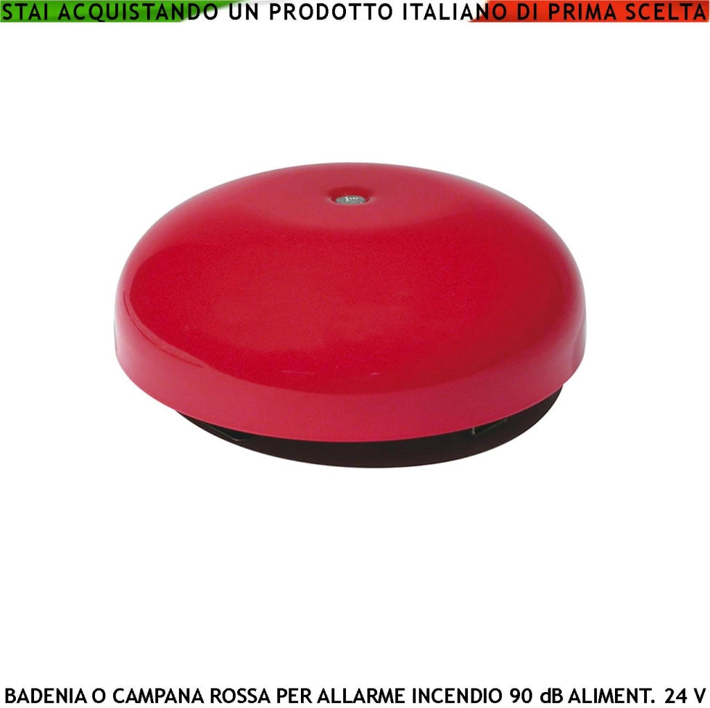 BADENIA CAMPANA ELETTROMECCANICA ROSSA PER SEGNALAZIONE ALLARME INCENDIO ALIMENTAZIONE 24 VCC RIPETE QUALSIASI AVVISO