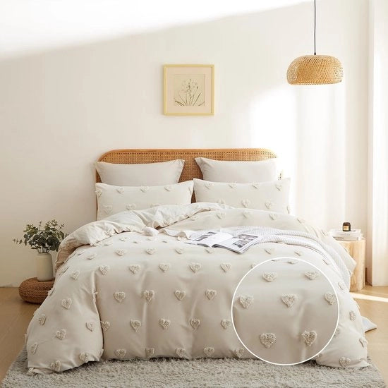 Set di coperte a tre pezzi, 200 x 200 cm, beige, con cuore a fiori, stile boho, set di coperte, decorazione a maglia, stile shabby chic, set di coperte, microfibra, coperta morbida con chiusura a cerniera e 2 cuscini con coperture