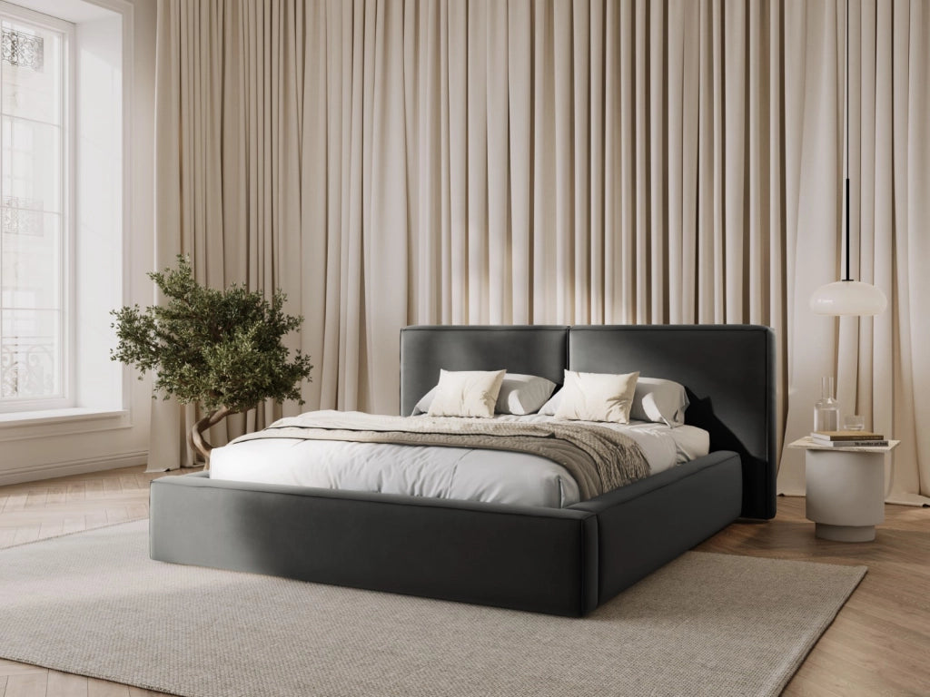 Cosmopolitan Design - Letto a cassettone con testiera doppia "Arendal" 140x200cm in velluto grigio chiaro 