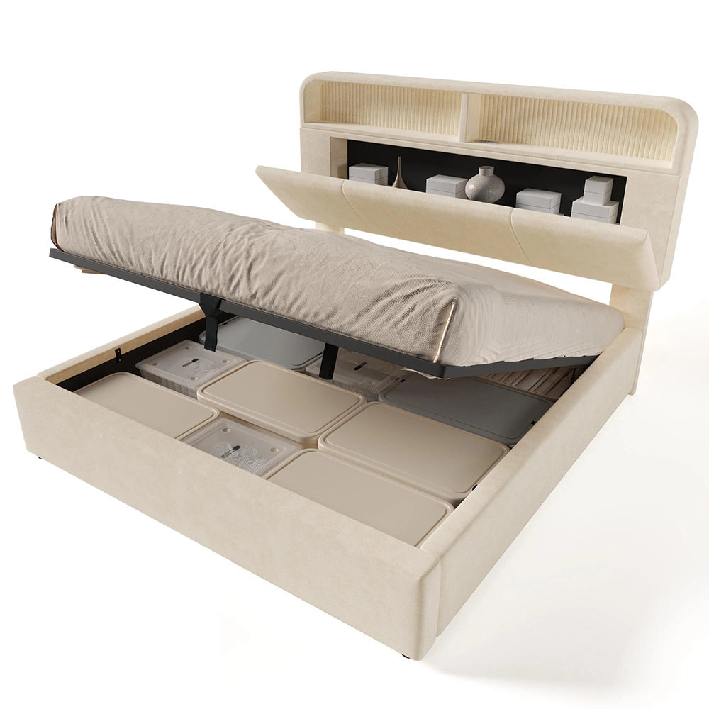 Letto Matrimoniale Idraulico 140x200cm - Xylo - Testiera Regolabile LED con USB, Velluto Beige