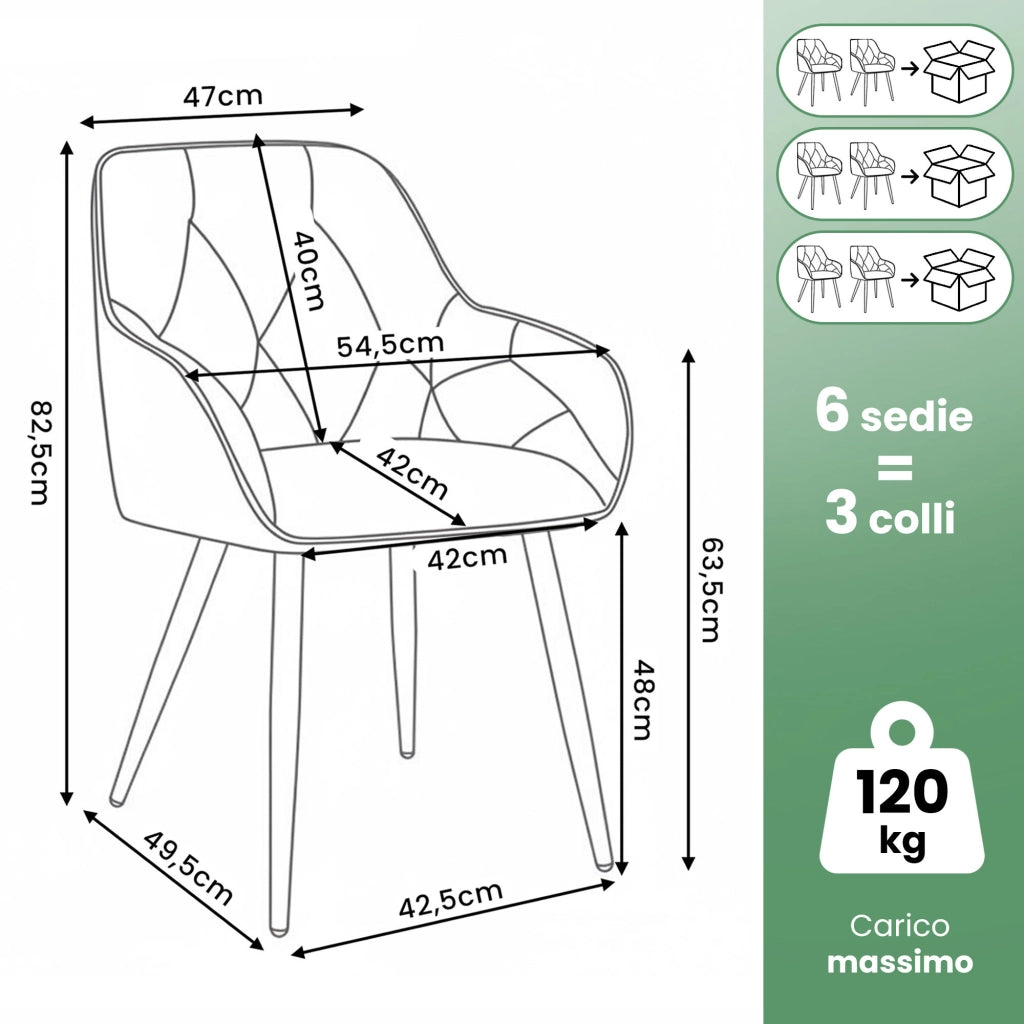 Set di 6 Sedie in velluto trapuntato DIAMANTE Grafite gambe nere