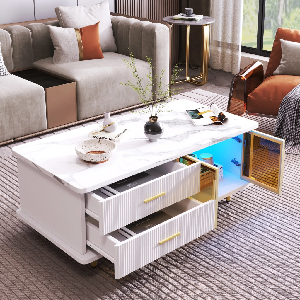 OKWISH Set 2 Pezzi Mobile TV e Tavolino da Salotto, con LED, Cassetti e Ante, Pannello di Particelle Bianco