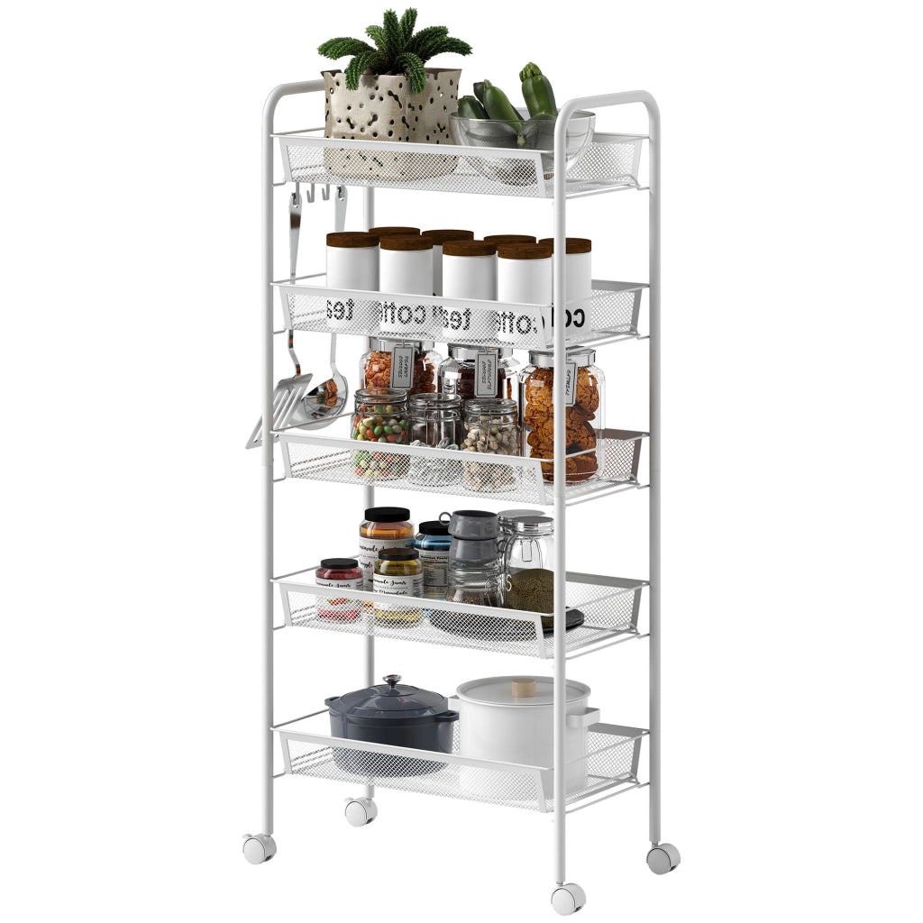 Carrello multiuso a 5 ripiani ¨C Xylo ¨C con cestelli rimovibili e 4 ganci, bianco, 45x26.5x106cm