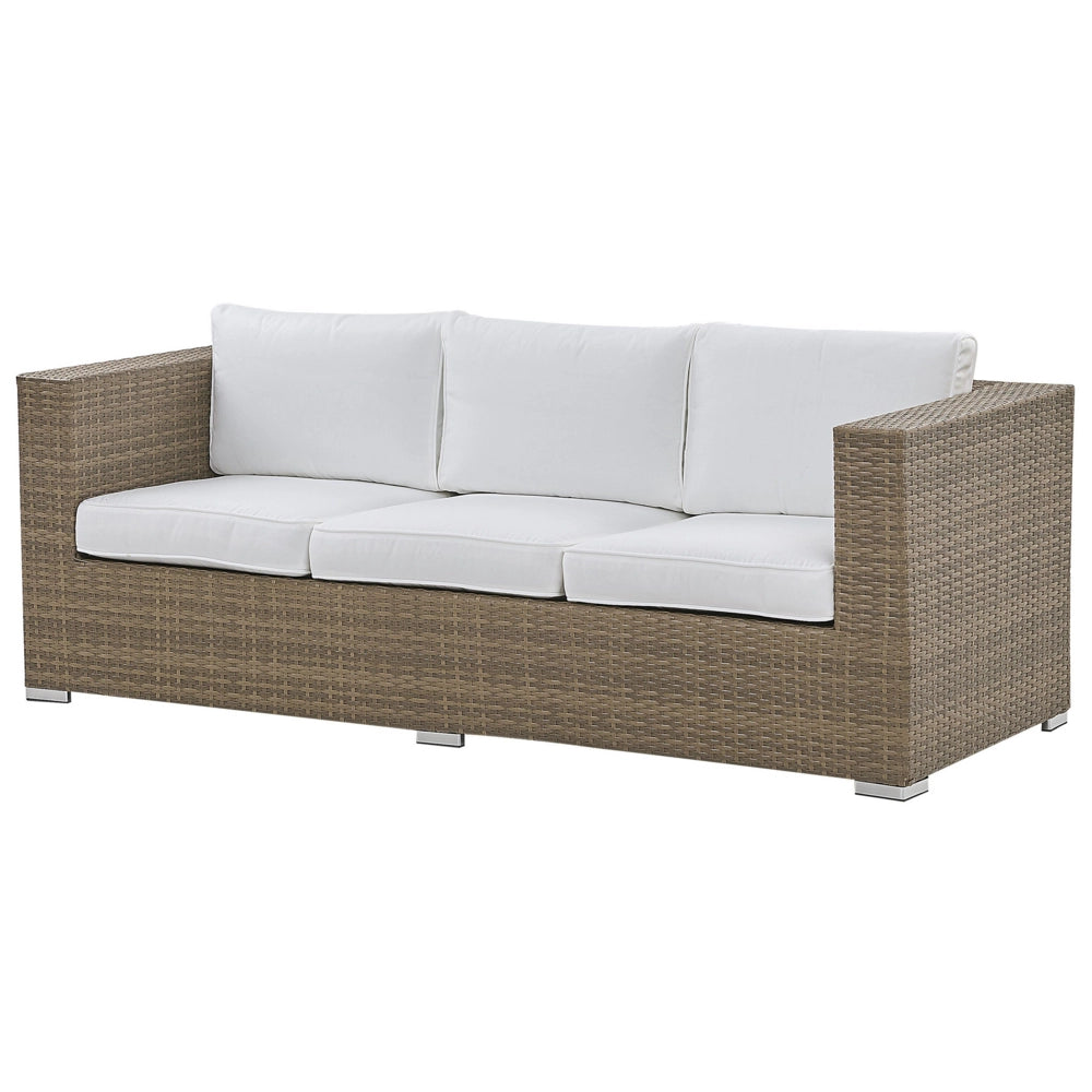 Divano da esterno Set divano a 3 posti in rattan sintetico marrone con tavolo e 2 cuscini bianchi ottomani