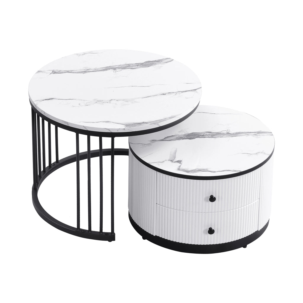 Set di 2 tavolini da salotto rotondi bianchi e neri con effetto marmo lucido, 60x60x45,5 cm e 50x50x32 cm, 2 cassetti, portata 30 kg