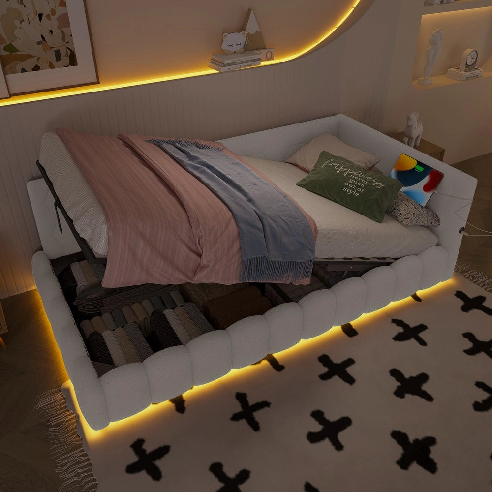 Letto Contenitore Imbottito con LED ¨C MINIMAL ¨C 90x200, Bianco, Idraulico, USB