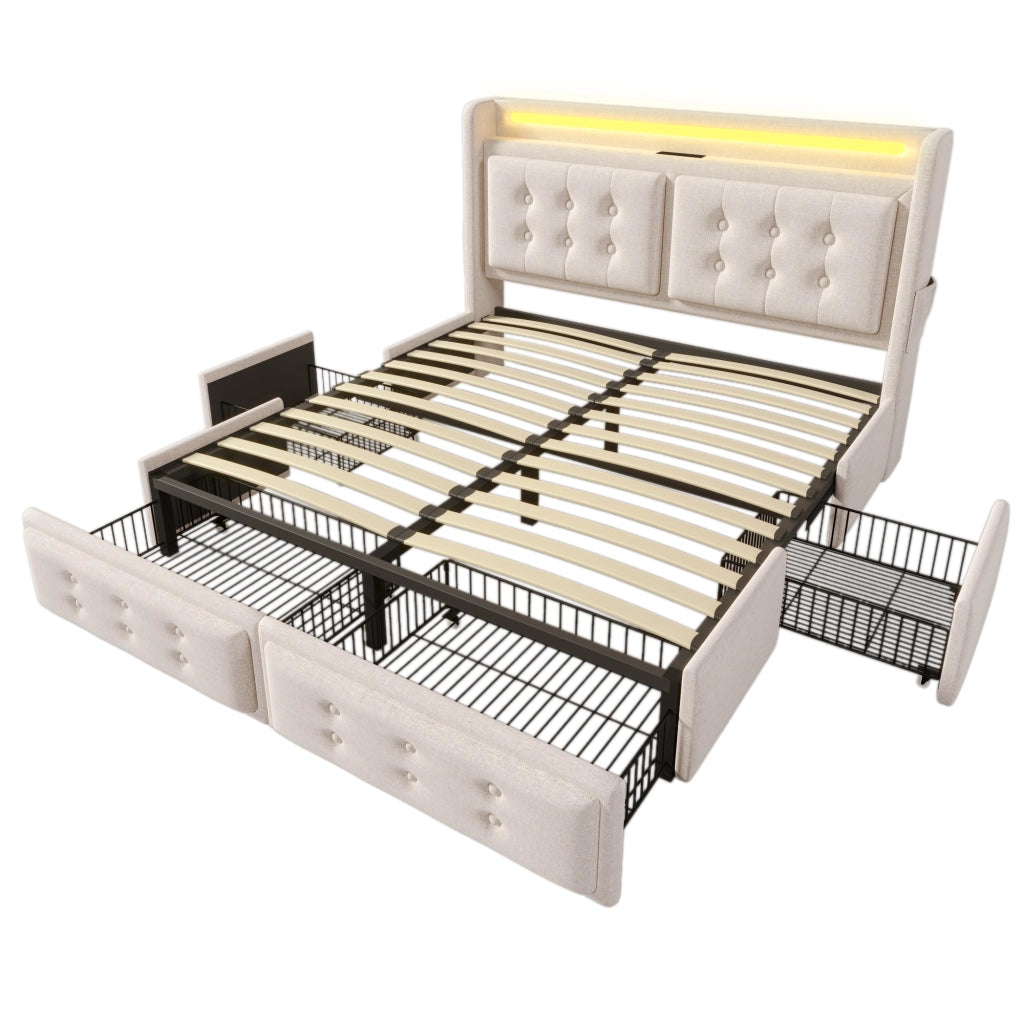 Letto Matrimoniale 180x200 Beige con 4 Cassetti; LED; 2 Prese; USB e Type-C