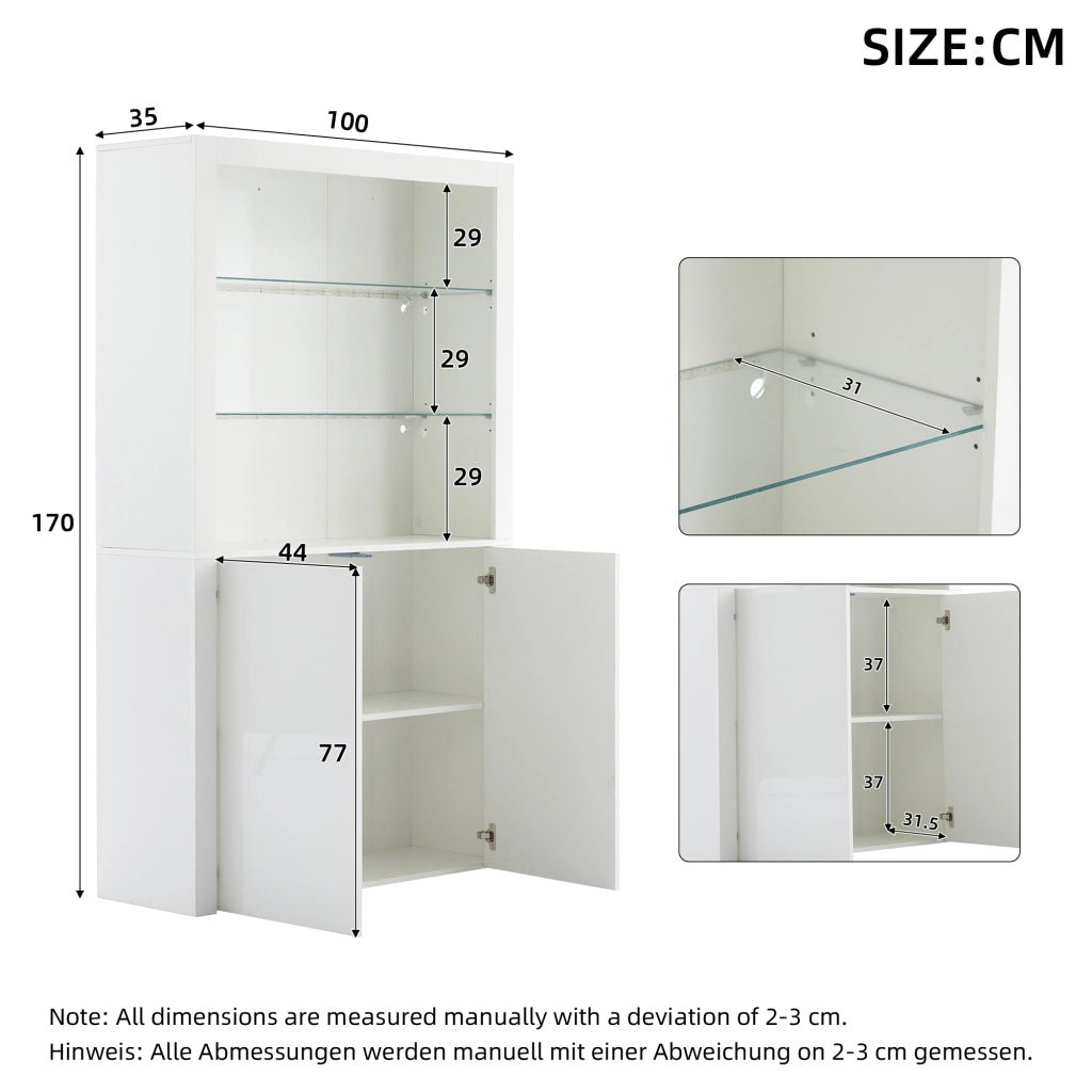 Vetrina LED con 2 ante e ripiani in vetro temperato, finitura lucida, per soggiorno, MDF bianco, 100 × 35 × 170 cm