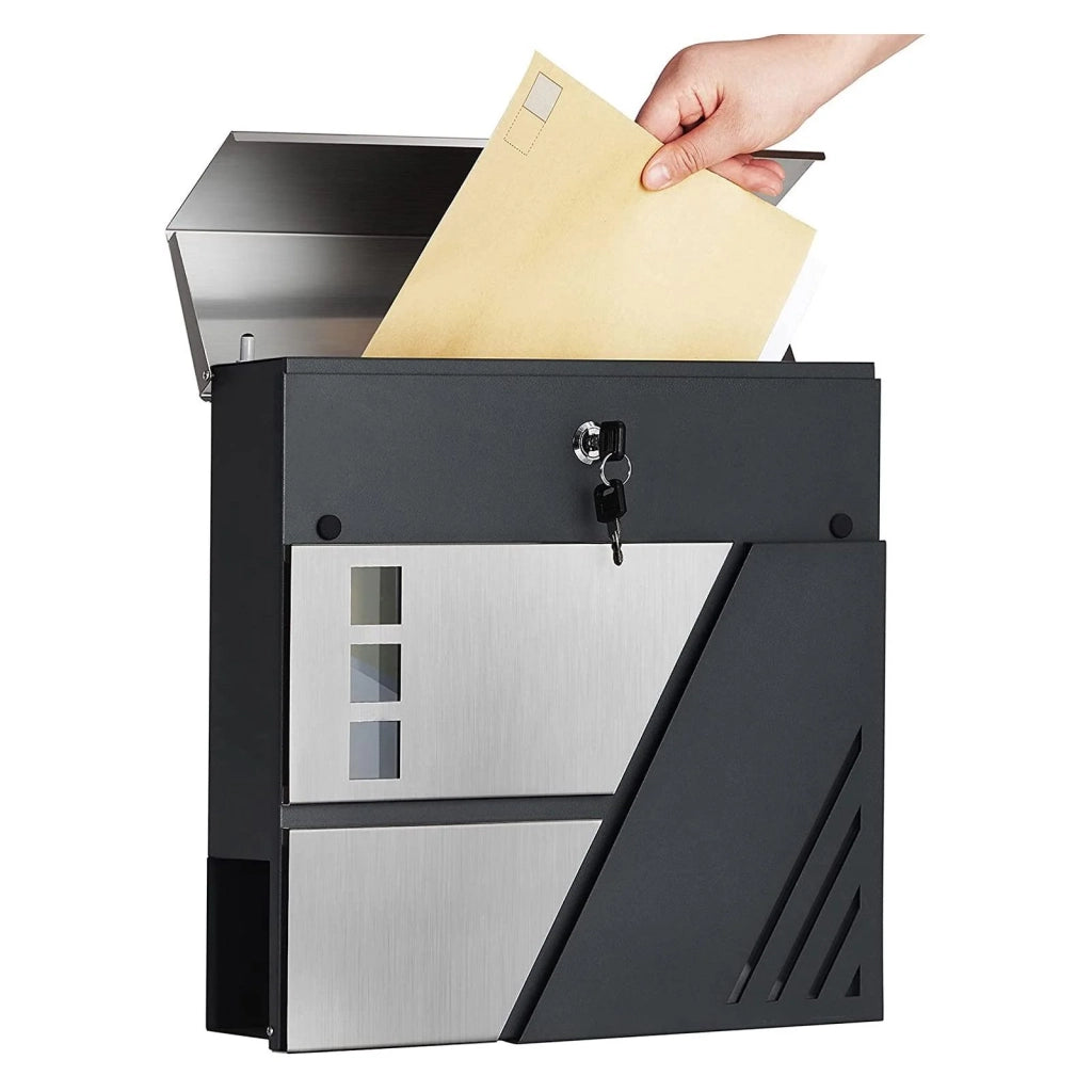 Cassetta postale a parete con finestrelle di visualizzazione in acciaio inox per cancello/porta d'ingresso con serratura e chiavi argento e grigio antracite 12_0001888