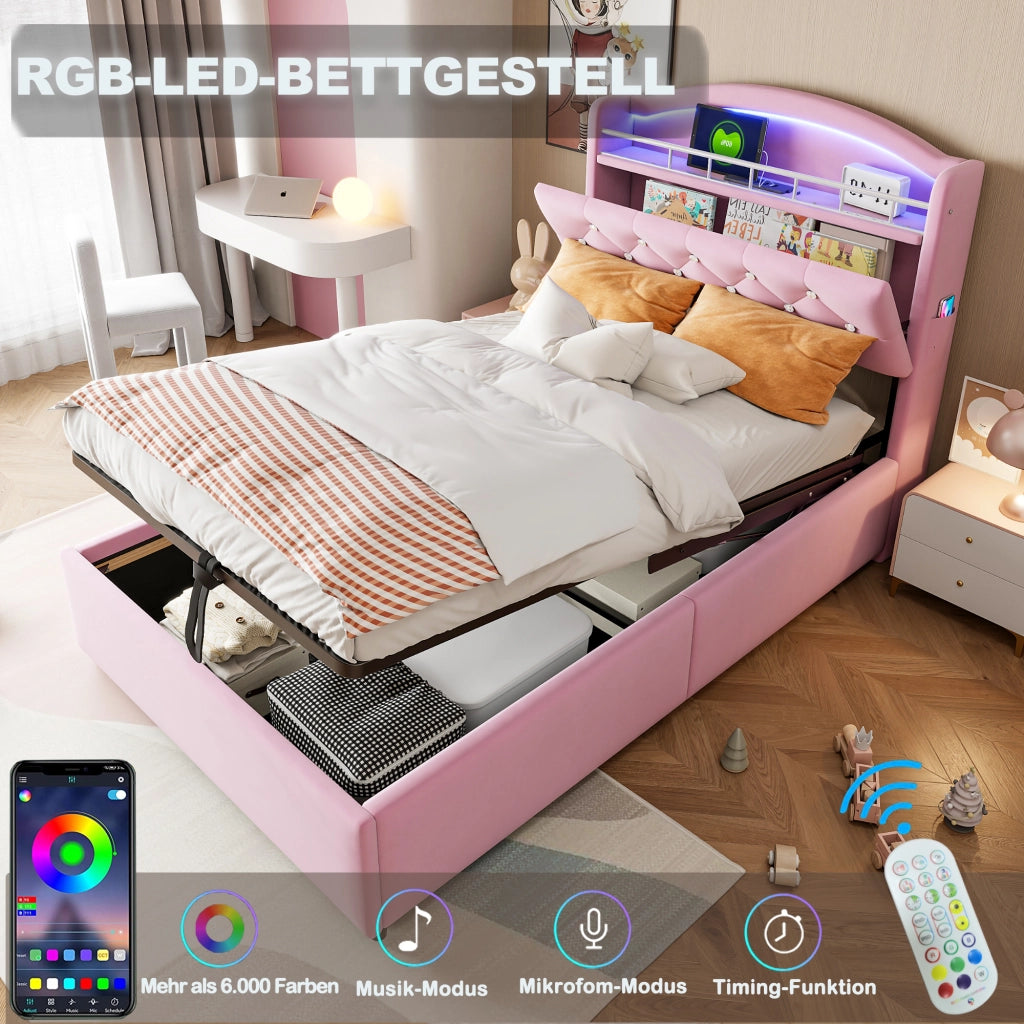 Letto bambino imbottito singolo 90×200 cm con contenitore; LED; USB e Type-C; senza materasso; velluto; rosa