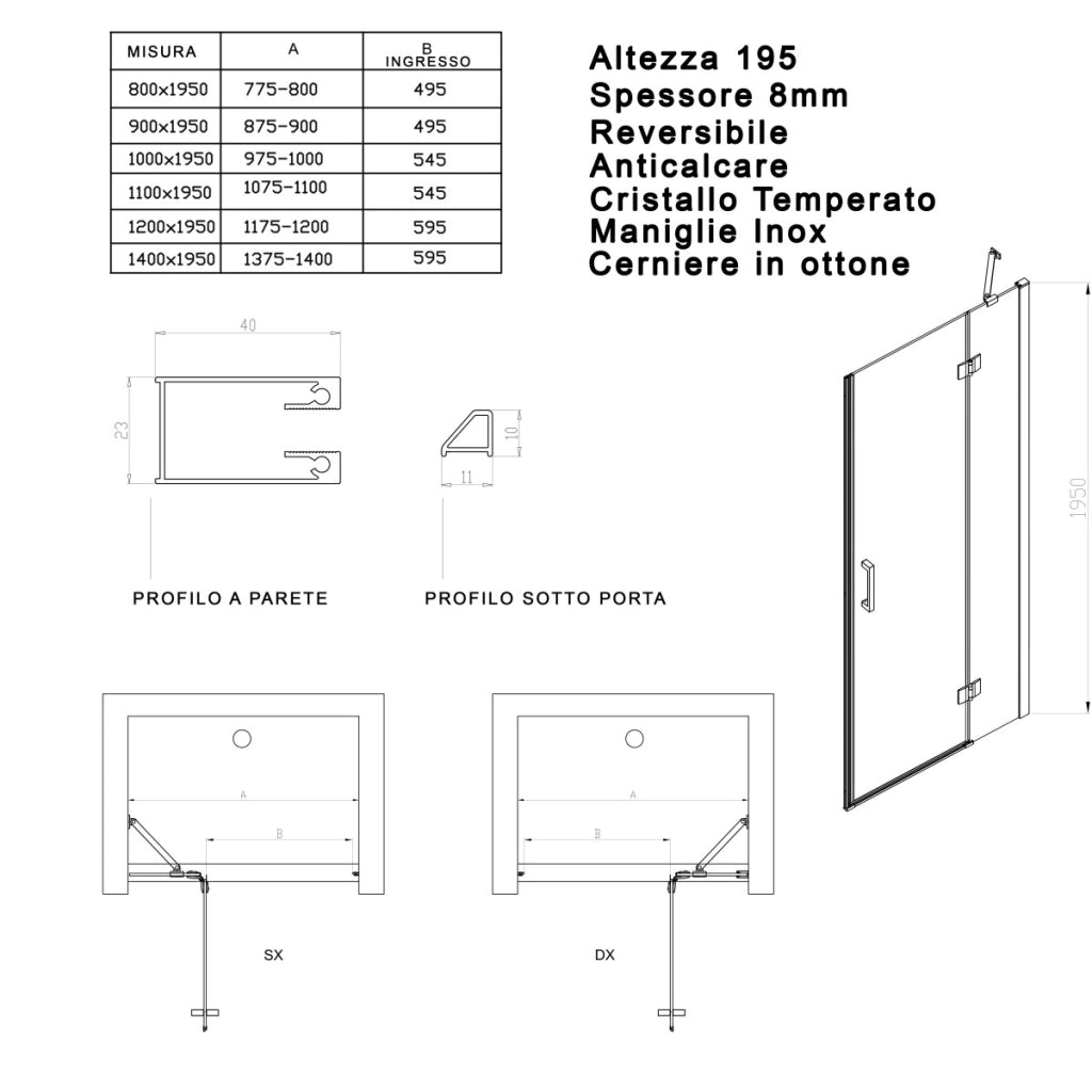 Porta doccia nicchia battente trasparente 8mm h195cm regina, misura 130