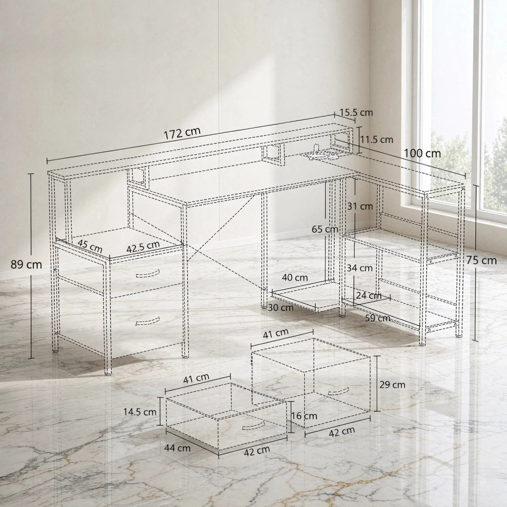 Scrivania angolare con LED, 2 cassetti in tessuto, supporto monitor e prese, bianca 172 × 100 × 89 cm