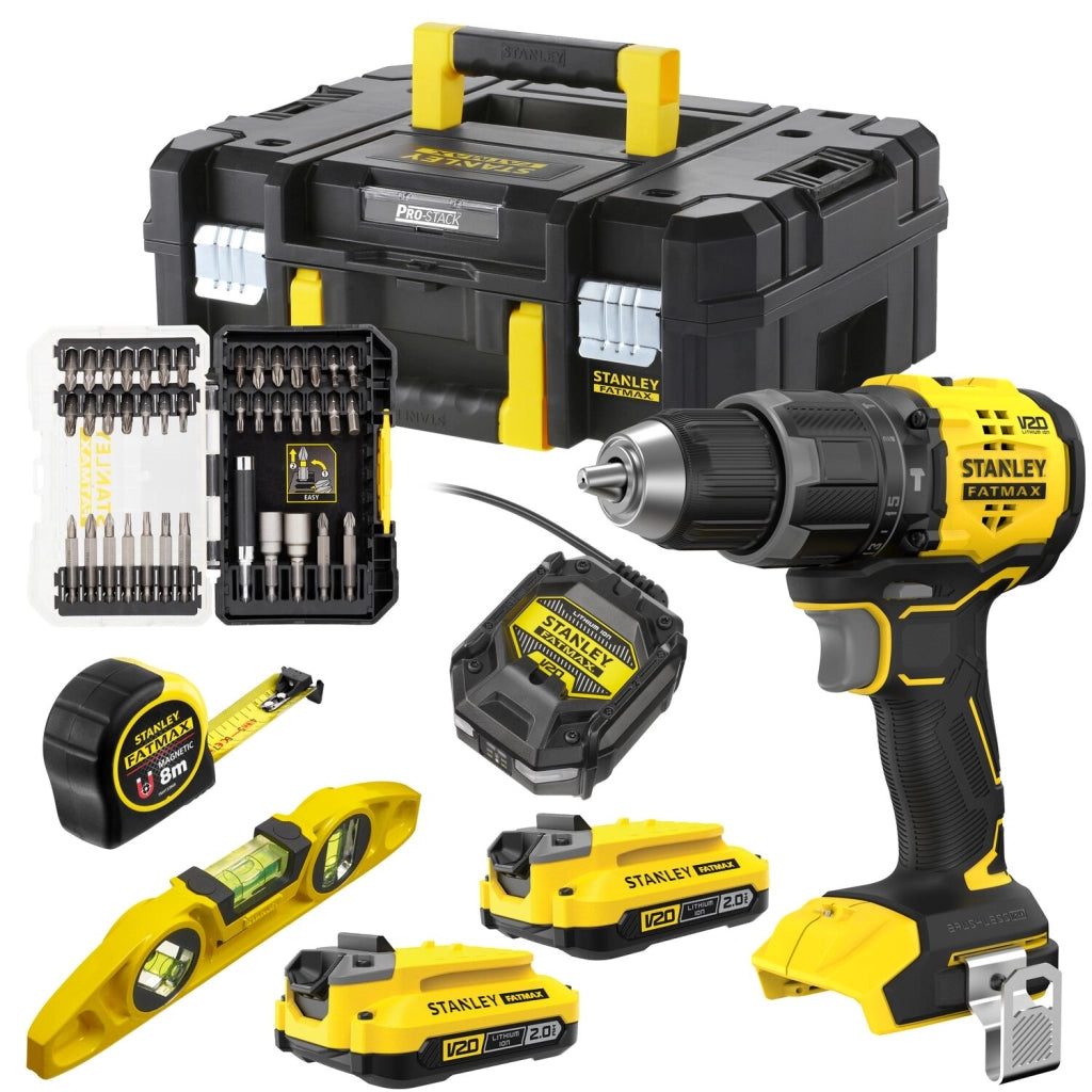 Kit Stanley FATMAX SFMCK100D2T V20 18V con Trapano Avvitatore a Percussione, 2 Batterie 2,0Ah, Caricabatterie, Set 40 Accessori, Livella e Flessometro